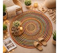 ALV Tapis Chindi multicolore en coton et jute 90 x 90 cm bohème coloré tissé à la main Tapis rond tressé à la main pour la maison, la cuisine, le salon, la chambre à coucher