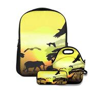 Alvaradod Ensemble Sac à Dos d'école, Silhouette d'aigle, éléphant et Girafe, scène de Savane, avec Sac à déjeuner et Trousse à Crayons pour Filles, garçons, Adolescents, Joli Cartable imperméable