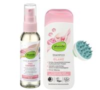 Alverde Lot de 2 sprays Leave-In Express 7 en 1 (75 ml) + shampoing brillant à l'eau de pétales de rose et protéines végétales (200 ml) + brosse de massage en bonus pour cuir chevelu