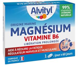 Alvityl Magnésium Marin 300mg Vitamine B6-60 comprimés | Magnesium d'origine marine à libération prolongée, aide à réduire fatigue, stress et irritabilité, fabriqué en France
