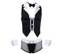 Alvivi 4 Pcs Homme Déguisement Valet Majordome Cosplay Gilet ?Culotte ?Bracelet ?Collier Vêtement de Masqué Fête Soirée Pub Club Bar Clubwear Jeu de Rôle