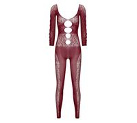 Alvivi Combinaison Résille Transparent Femme Bodystocking Lingiere Bodycon Manches Longues Nuisette Jumpsuit Bourgogne Taille unique