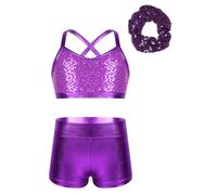 Alvivi Enfant Fille Ensemble De Sport Danse Paillettes Brillant Haut Bretelle Short De Gymnastique Débardeur Crop Top De Danse Jazz Spectacle 5-14 Ans Violet 7-8 Ans