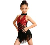 Alvivi Enfant Fille Robe De Danse Latine sans Manche Halter Franges Robe De Danse Jazz Salsa Paillettes Dancewear Rouge 9-10 Ans