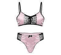 Alvivi Ensemble de Lingerie Homme Sissy Pyjama Nuisette en Dentelle Satin & Lace Soutien-Gorge & String Ouvert Fendu Costume Travestie Nightwear M-XXL A Rose L