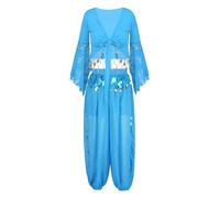 Alvivi Femme 2 Pièces Tenue Danse du Ventre Orientale Haut Paillettes Et Pantalon Harem Costume Fête Spectacle L-3XL Bleu Ciel 3XL