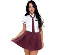 Alvivi Femme Ensemble Lingeire Tenue Ecoliere Schoolgirl Cosplay Etudiante Costume Halloween Mini Jupe À Carreaux & Chemise Jeu De Rôle Clubwear Bourgogne C M