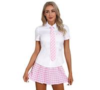 Alvivi Femme Ensemble Lingeire Tenue Ecoliere Schoolgirl Cosplay Etudiante Costume Halloween Mini Jupe À Carreaux & Chemise Jeu De Rôle Clubwear Rose C M