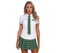Alvivi Femme Ensemble Tenue Ecoliere Schoolgirl Cosplay Etudiante Costume Halloween Mini Jupe à Carreaux & Chemise Manches Courtes Jeu De Rôle Clubwear Vert C S