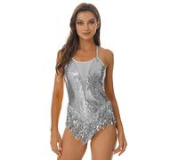 Alvivi Femme Justaucorps De Danse Latine Jazz Tango Bodysuit à Franges Paillettes Brillant Leotard Tenue Gymnastique Patinage Dancewear S-XXL Argenté XXL