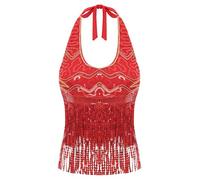 Alvivi Femme Paillettes Haut De Danse du Ventre Débardeur Dos Nu Crop Top À Franges Scintillant Danse Orientale Rumba Salsa Rouge Taille Unique