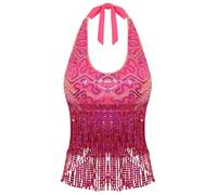 Alvivi Femme Paillettes Haut De Danse du Ventre Débardeur Dos Nu Crop Top À Franges Scintillant Danse Orientale Rumba Salsa Rose Vif Taille Unique