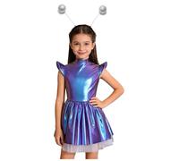 Alvivi Fille Enfant Robe Costume Alien Espace Bleu Holographique Robe Danse Moderne Costume Astronaute Carnaval Halloween Argent Coloré 15-16 ans