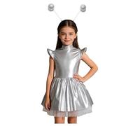 Alvivi Fille Enfant Robe Costume Alien Espace Bleu Holographique Robe Danse Moderne Costume Astronaute Carnaval Halloween Argenté 5-6 ans