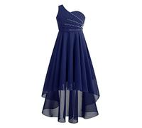 Alvivi Fille Robe De Cérémonie Baptême Strass Brillante Tenue De Mariage Demoiselle d'honneur Une Épaule Robe De Soirée Bal 5-16 Ans Bleu Marine 7-8 Ans