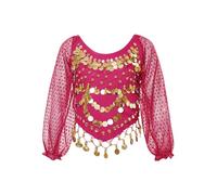 Alvivi Haut Danse Orientale Fille Enfant Crop Top Veste Danse du Ventre Manches Longues Tenue Salsa Latine Belly Danse Performance Rose Vif 2-12 Ans
