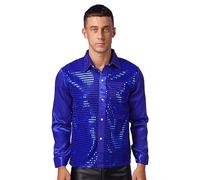 Alvivi Homme Chemise Disco Danse Manches Longues Scintillant T-Shirt Paillettes Brillan Costume De Carnaval Fête Rave Party Spectacle Clubwear M-XL Bleu C M
