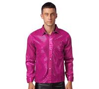 Alvivi Homme Chemise Disco Danse Manches Longues Scintillant T-Shirt Paillettes Brillan Costume De Carnaval Fête Rave Party Spectacle Clubwear M-XL Rose Vif C L