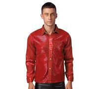 Alvivi Homme Chemise Paillettes Brillant Chemise Disco Soirée Rave Party T-Shirt Manches Longues Costume De Carnaval Fête Performance Clubwear M-XL Rouge C M