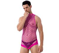 Alvivi Homme Maillot de Corps sans Manche Body String Gay Sissy Lingerie Érotique en Maille Résille Transparent Pyjama Combinaison de Nuit Tenue Bar Pub Underwear Hot Pink Taille Unique