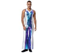 Alvivi Homme Métallique Combinaison Sans Manche Costume Disco Années 70 Holographique Bodsyuit Cosplay Carnaval Rave Party Bleu XL