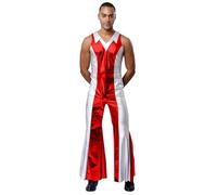 Alvivi Homme Métallique Combinaison Sans Manche Costume Disco Années 70 Holographique Bodsyuit Cosplay Carnaval Rave Party Rouge XXL