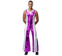 Alvivi Homme Métallique Combinaison Sans Manche Costume Disco Années 70 Holographique Bodsyuit Cosplay Carnaval Rave Party Violet L