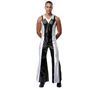Alvivi Homme Métallique Combinaison Sans Manche Costume Disco Années 70 Holographique Bodsyuit Cosplay Carnaval Rave Party Noir XL