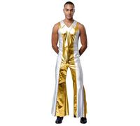 Alvivi Homme Métallique Combinaison Sans Manche Costume Disco Années 70 Holographique Bodsyuit Cosplay Carnaval Rave Party Or XXL