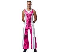Alvivi Homme Métallique Combinaison Sans Manche Costume Disco Années 70 Holographique Bodsyuit Cosplay Carnaval Rave Party Rose Vif XL