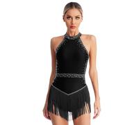 Alvivi Justaucorps De Danse Latin Salsa Femme Bodysuit à Franges Brillant Leotard De Samba Cha-cha Ballroom Tenue Soirée Cocktail Bal Noir S