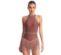 Alvivi Justaucorps De Danse Latin Salsa Femme Bodysuit à Franges Brillant Leotard De Samba Cha-cha Ballroom Tenue Soirée Cocktail Bal Rose Poussiéreux M