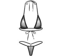 Alvivi Microkini 2 Pièce Femme Sexy Bikini Soutien-Gorge Halter & Micro String Ficelle Tankini Maille Transparent Unie Monokini Nightwear Sleepwear Noir Taille Unique