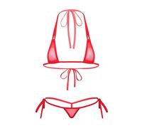 Alvivi Microkini Femme Sexy Bikini Transparent Bra Halter & String Ficelle Trois Points Tankini Maillot de Bain 2 Pièces Crochet à la Main Monokini Ensemble Lingerie Rouge Taille Unique