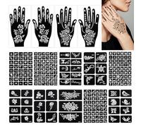 alwaiiz Lot de 245 pochoirs au henné, 14 feuilles de tatouage temporaire au henné, pochoirs à paillettes pour le visage, les mains, les pieds et le dos