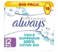 Always Lot de 18 serviettes hygiéniques ultra longues pour femme Taille 2 - Avec ailettes - Protection en coton biologique - Protection sûre et surface 100% coton biologique
