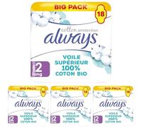 Always Cotton Protection Long Serviettes Avec Ailettes X18, Voile Supérieur 100% Coton Biologique (Lot de 4)