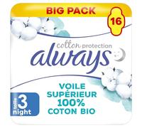 Always Cotton Protection Night Serviettes Avec Ailettes X16, Voile Supérieur 100% Coton Biologique