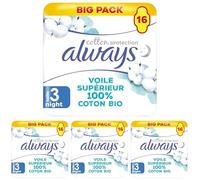 Always Cotton Protection Night Serviettes Avec Ailettes X16, Voile Supérieur 100% Coton Biologique (Lot de 4)