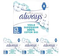 Always Cotton Protection Night Serviettes Avec Ailettes X8, Voile Supérieur 100% Coton Biologique (Lot de 4)