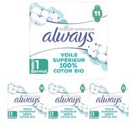 Always Cotton Protection Normal Serviettes Avec Ailettes X11, Voile Supérieur 100% Coton Biologique (Lot de 4)