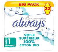 Always Cotton Protection Normal Serviettes Avec Ailettes X22, Voile Supérieur 100% Coton Biologique