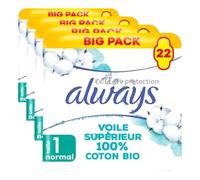Always Cotton Protection Normal Serviettes Avec Ailettes X22, Voile Supérieur 100% Coton Biologique (Lot de 4)