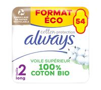 Always Cotton Protection Serviettes Hygiéniques, Taille 2, Long, 54 Serviettes Hygiéniques Avec Ailettes, Flux Modérés Jour, Format Eco, Voile 100% Coton Bio, Sans Parfum, Emballage papier recyclable