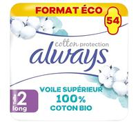 Always Cotton Protection Serviettes Hygiéniques, Taille 2, Long, 54 Serviettes Hygiéniques Avec Ailettes, Flux Modérés Jour, Format Eco, Voile 100% Coton Bio, Sans Parfum, Emballage papier recyclable