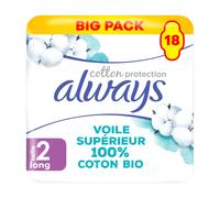 Always Cotton Protection – Serviettes hygiéniques longues 100% coton biologique x18, avec ailettes