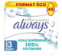 Always Cotton Protection Ultra Night (Taille 3) Serviettes Avec Ailettes x48, Voile 100% Coton Biologique