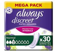Always Discreet, 30 Serviettes Hygiéniques Incontinence Femme, Normal 3 Gouttes, Protection Absorbante pour Fuites Urinaires Modérées, Mega Pack
