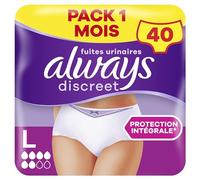 Always Discreet, 40 Culottes Incontinence Femme, Normal 5 Gouttes, Sous-Vêtements Taille L, Blanc, Protection Très Absorbante pour Fuites Urinaires Importantes ou post accouchement, Pack 1 Mois