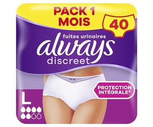 Always Discreet, 40 Culottes Incontinence Femme, Normal 5 Gouttes, Sous-Vêtements Taille L, Blanc, Protection Très Absorbante pour Fuites Urinaires Importantes ou post accouchement, Pack 1 Mois